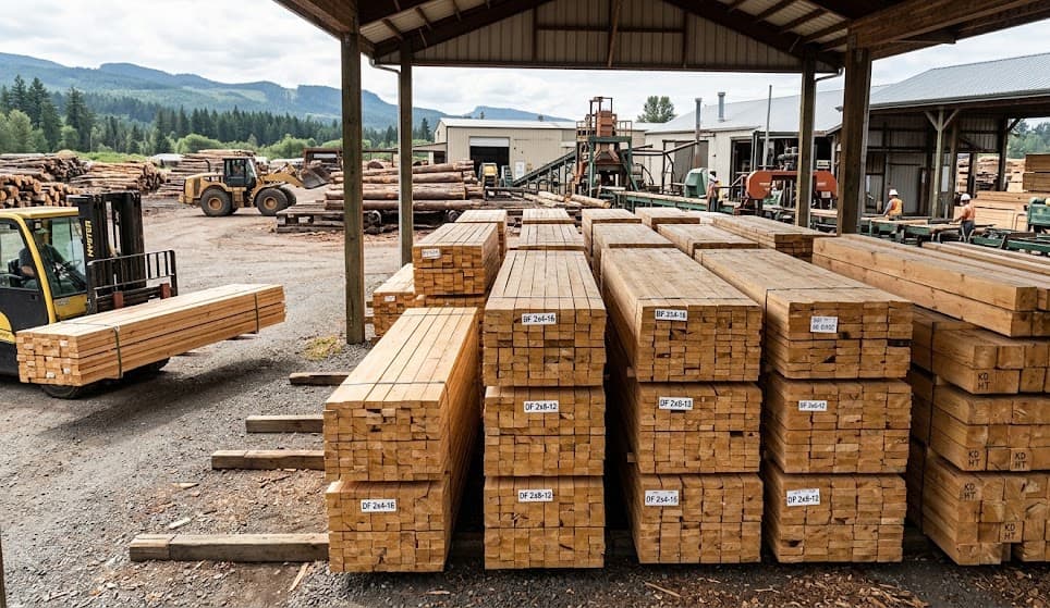 Lumber yard operations with forklift moving stacked lumber