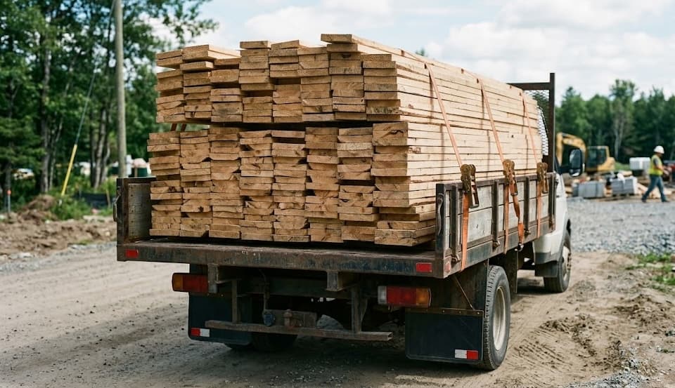 Delivery truck loaded with lumber heading to a job site