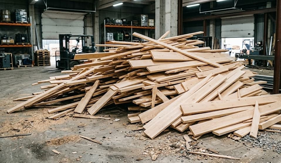 Wood recycling facility with lumber being processed